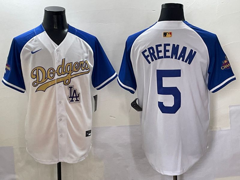 Men Los Angeles Dodgers #5 Freeman White Blue Champion gold character Nike 2025 MLB Jersey style 5059->los angeles dodgers->MLB Jersey